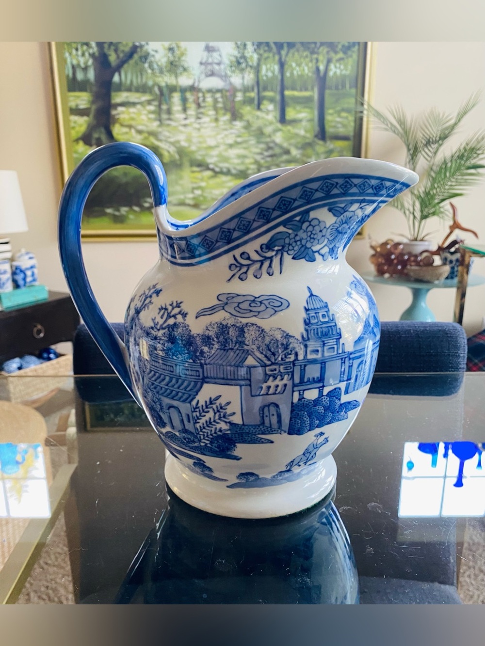 9” Vtg Bombay Company Blue & White Chinoiserie Ceramic Pitcher Pagoda Scene